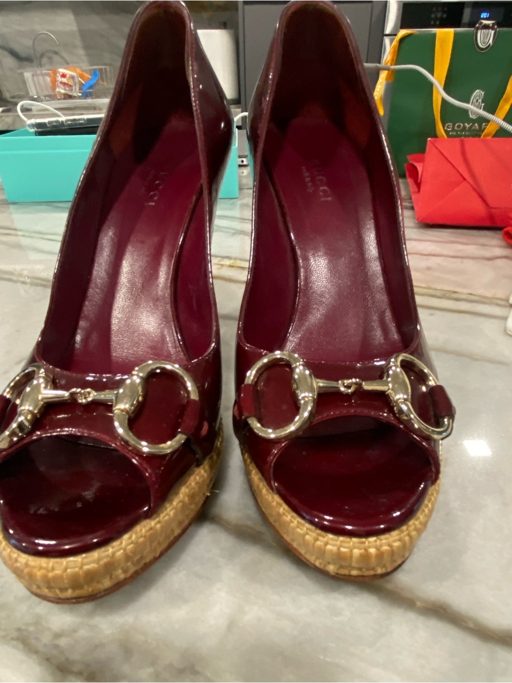 Gucci Patent Wine Red Peep-Toe Wedges with Gold Horsebit